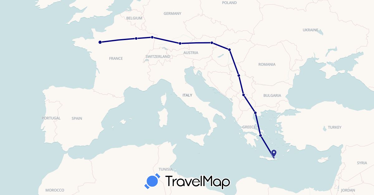 TravelMap itinerary: driving in Austria, Germany, France, Greece, Hungary, Serbia (Europe)